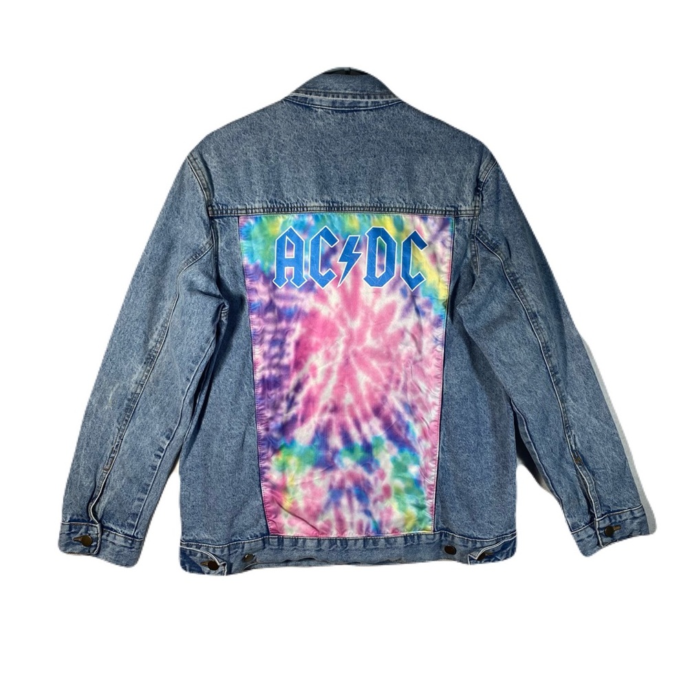 AC/DC Jean Jacket with Tye Dye Design on Back Size M